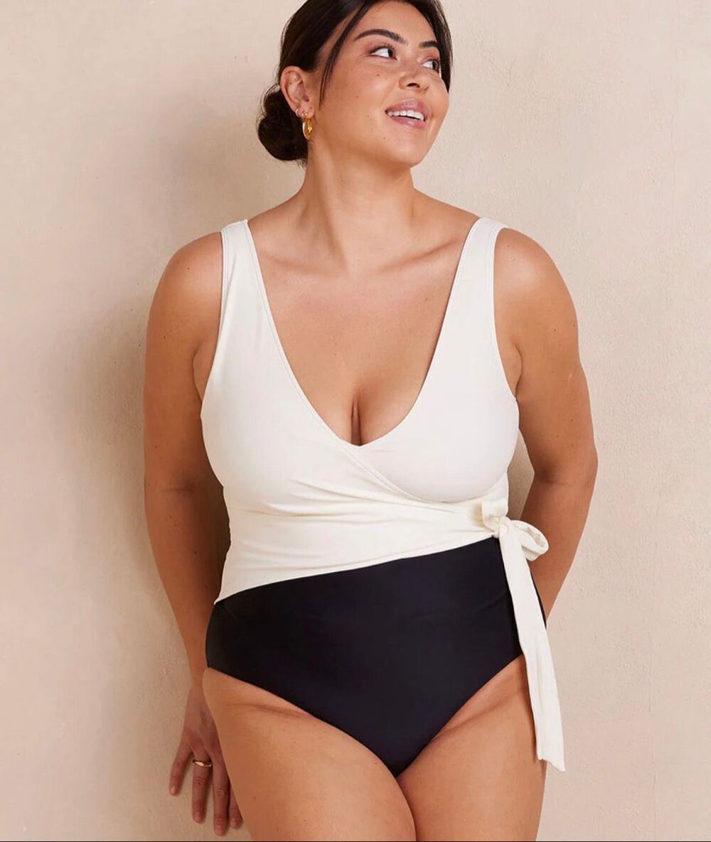 Summersalt Perfect Wrap One Piece Swimsuit 14 Black White Colorblock V Neck